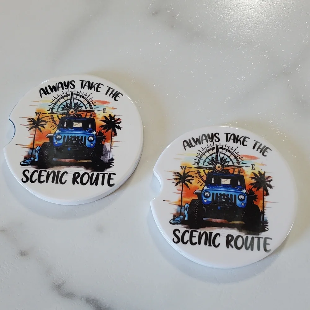 Set Of 2 Ceramic Car Coasters Always Take the Scenic Route